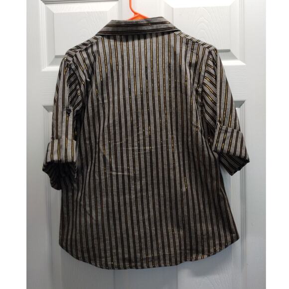 Street Fever Women's Size Large Brown Gold Metallic Striped Roll Tab Sleeve Top - Picture 3 of 6